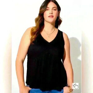 Torrid Cotton Modal Slub Ladder Trim V-Neck Babydoll Tank Top Size 1X Black